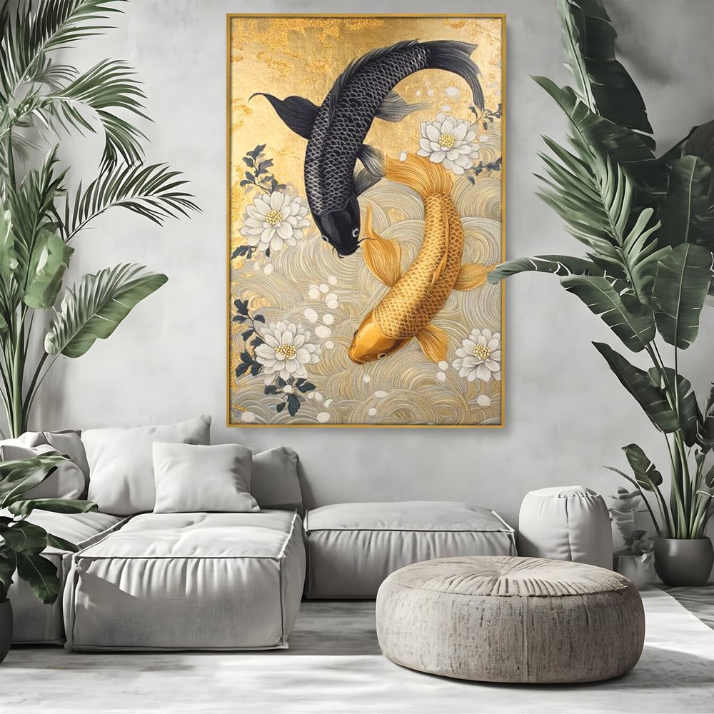 Tablou canvas cu tablou canvas cu doi pesti koi, in rama de aluminiu auriu, pe perete intr-un living